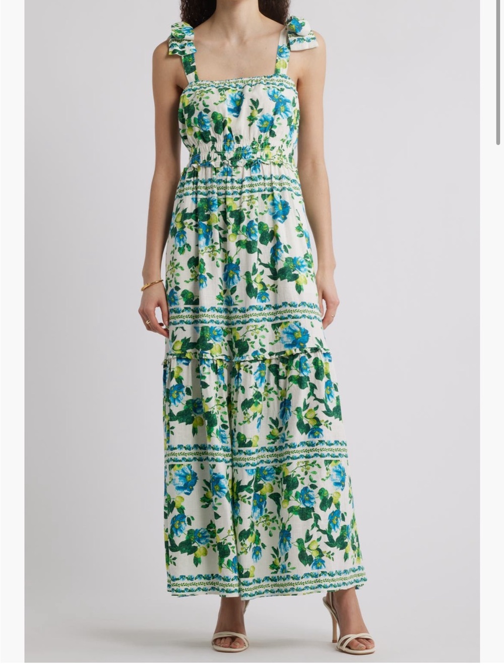 NWOT Chelsea28 White Maxi Dress with Blue and Green Floral Print
